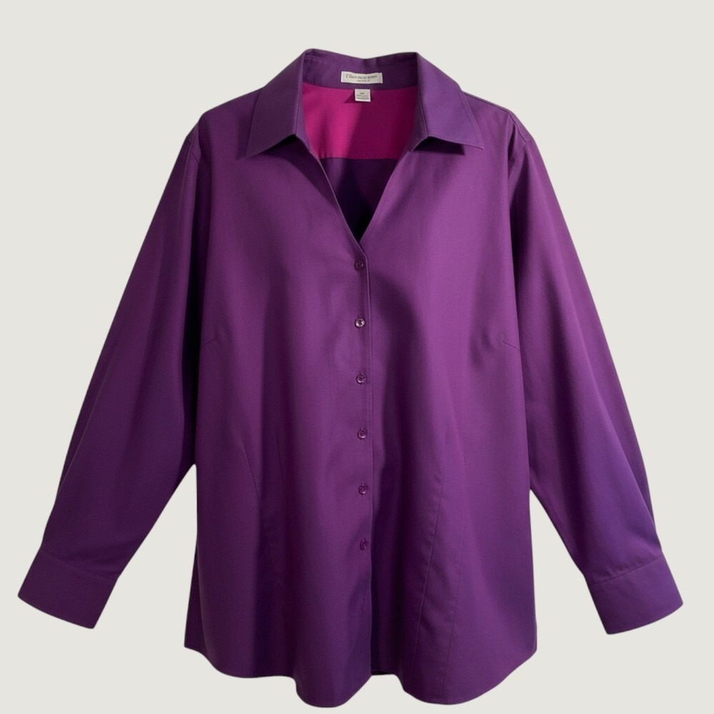 Coldwater Creek Button Down Shirt Womens 2X Purple No Iron Cotton Blouse V-Neck